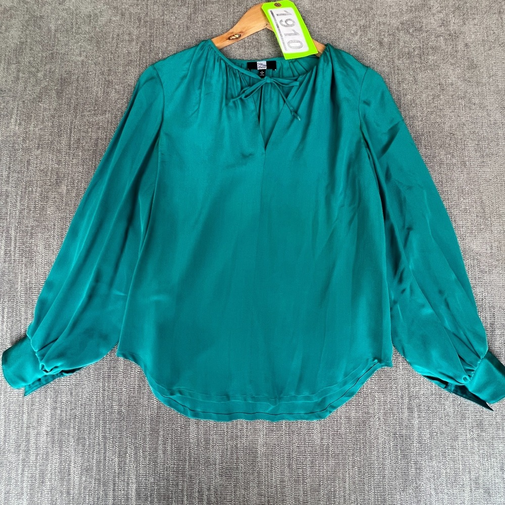 Saks Fifth Avenue Blouse Top Womens 2 Green Bishop Sleeve Gathered Tie Neck Boho